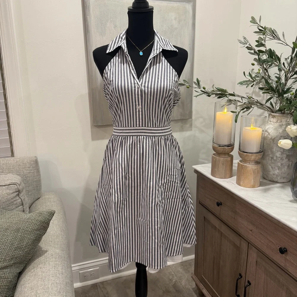 New York & Company Deep Navy and White Striped Midi Dress - Picture 1 of 14